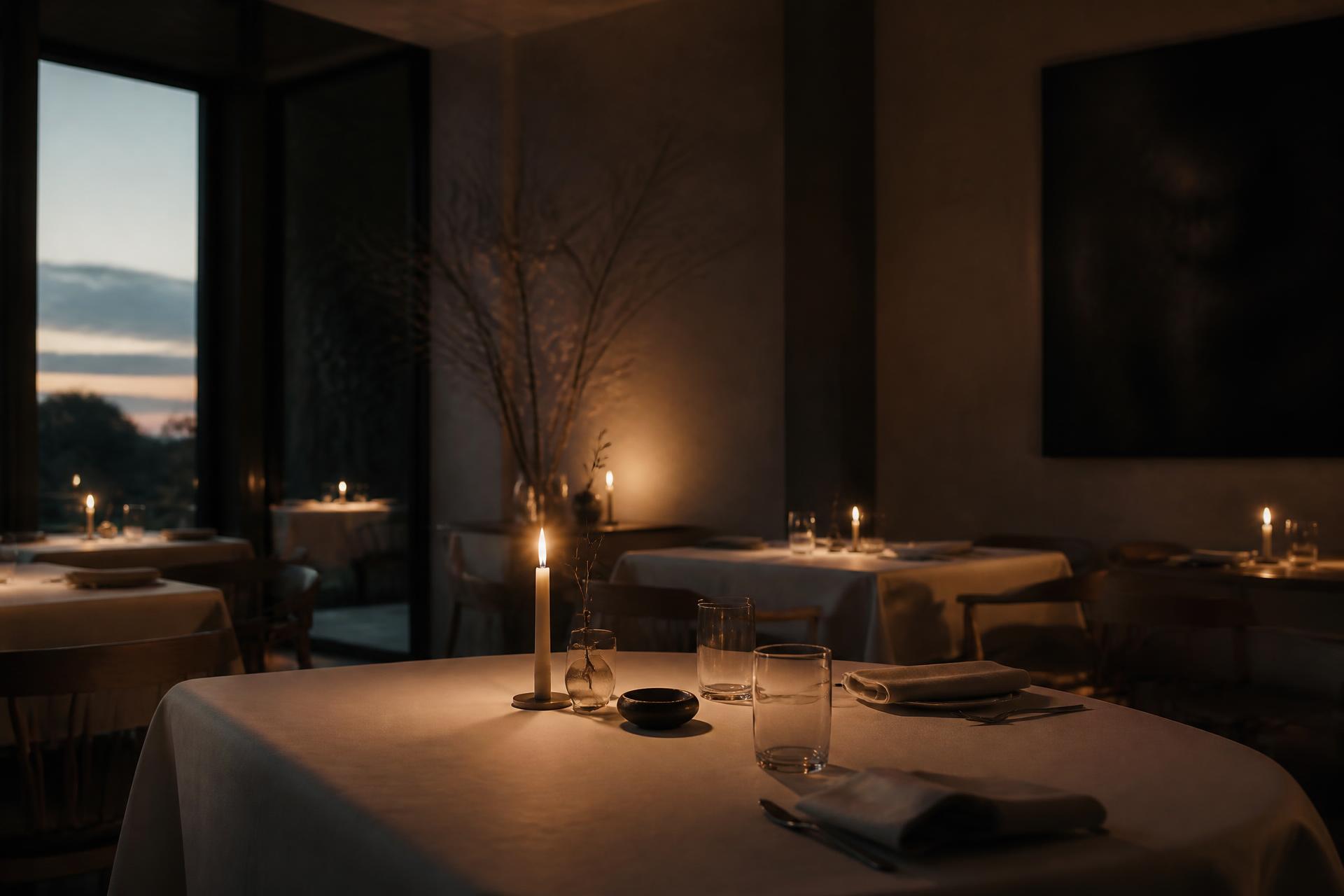 Candlelit tables in the Concept Foods dining room at dusk