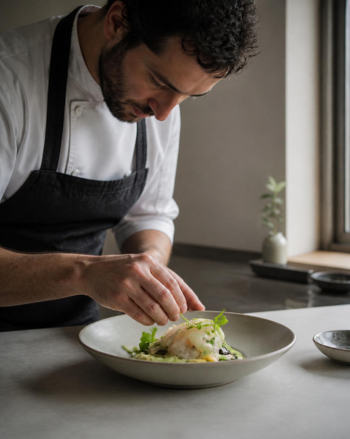 A chef finishing a delicate seasonal dish with herbs in a bright minimal kitchen